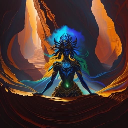 Goddess in Dark Canyons: Surreal Oil Painting