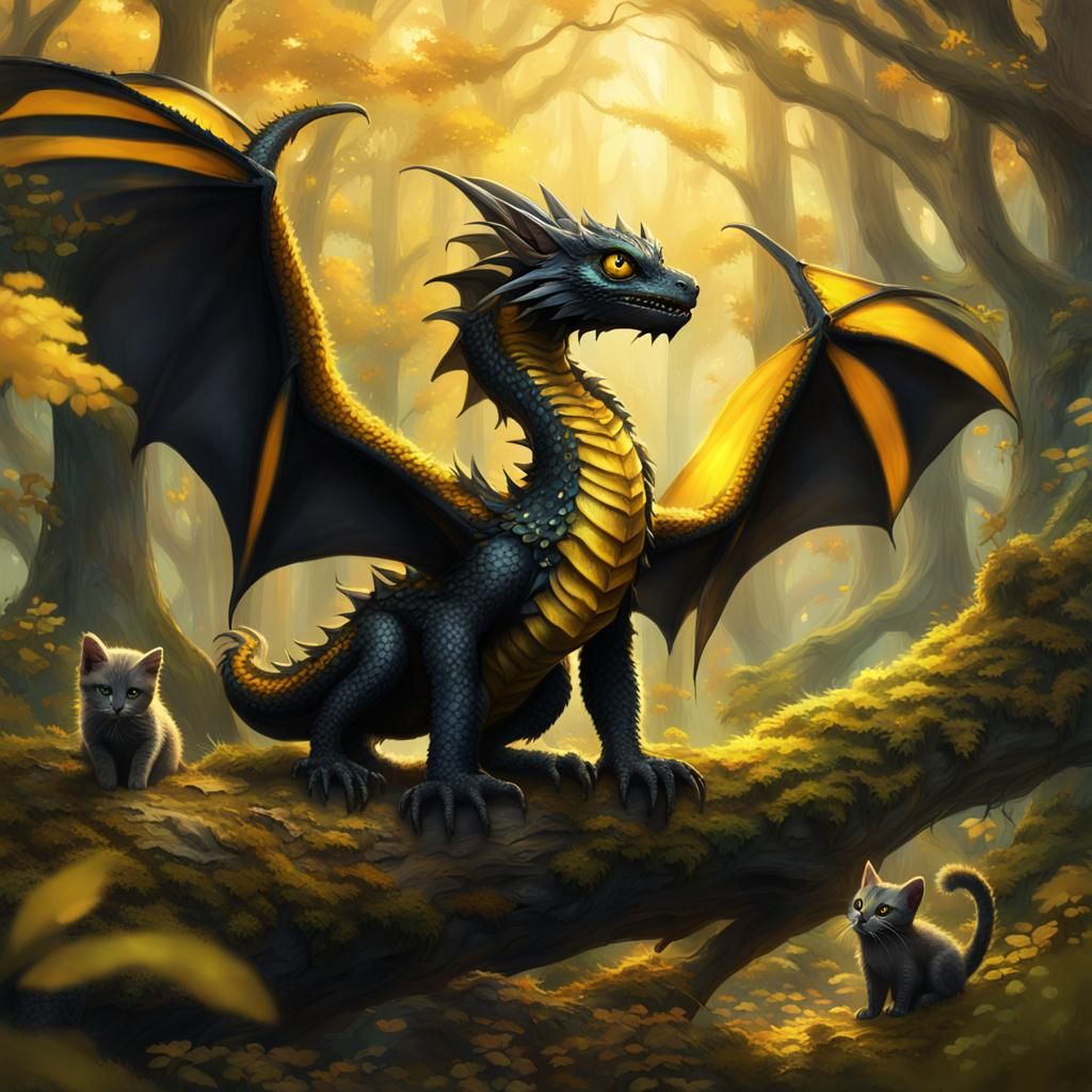 Dragon with Kittens in Detailed Matte Painting