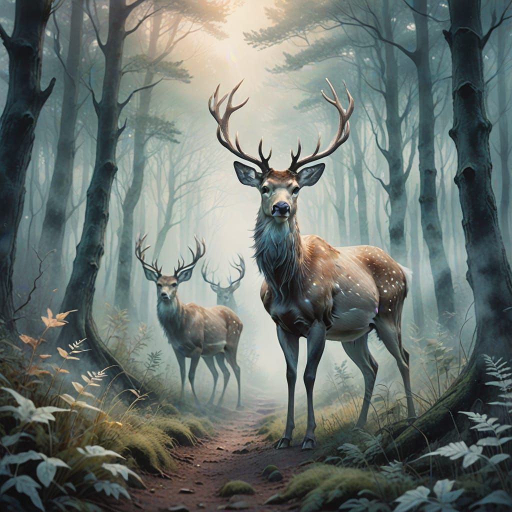 Ghostly Deer Leads Travelers in Dreamy Watercolor Forest
