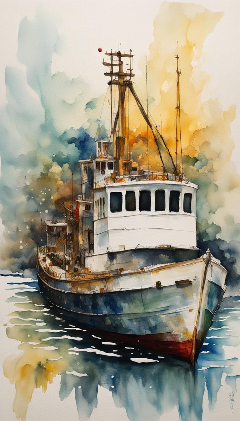 Abstract trawler wet brush wet wash watercolor detailed painting impasto wetwashspeedpainting white paint