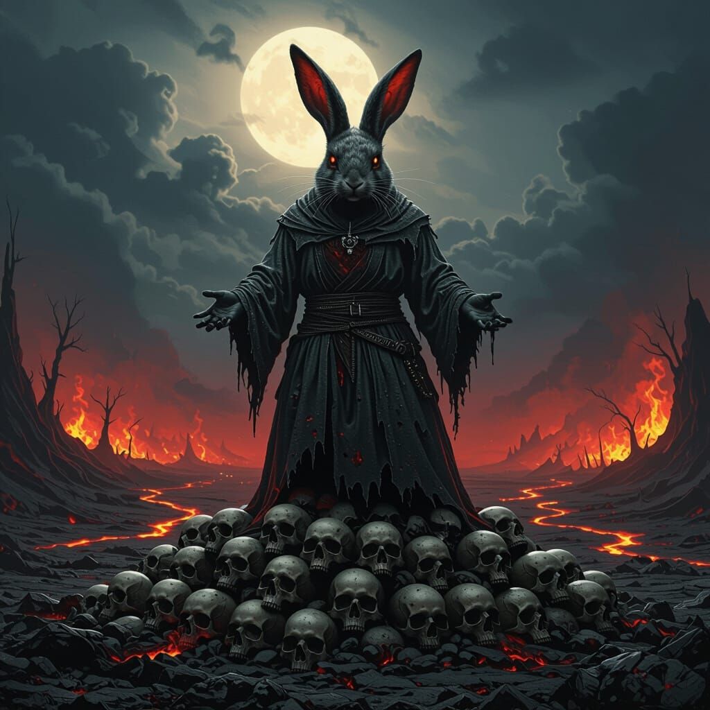 Demonic Bunny King of Skull Mountain in Dark Fantasy Style