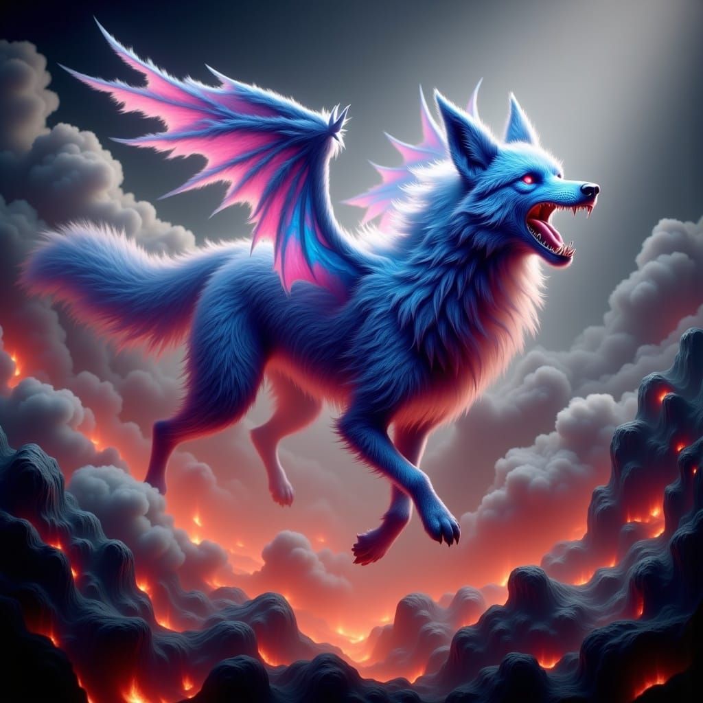 Cerulean Wolf-Like Creature Soars Through Fiery Hellscape in...