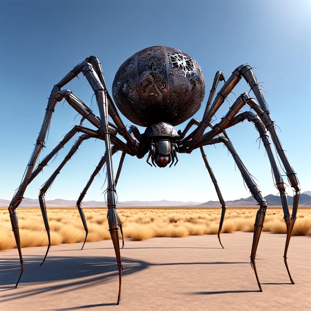 Cyberpunk Steel Spider in Barren Landscape