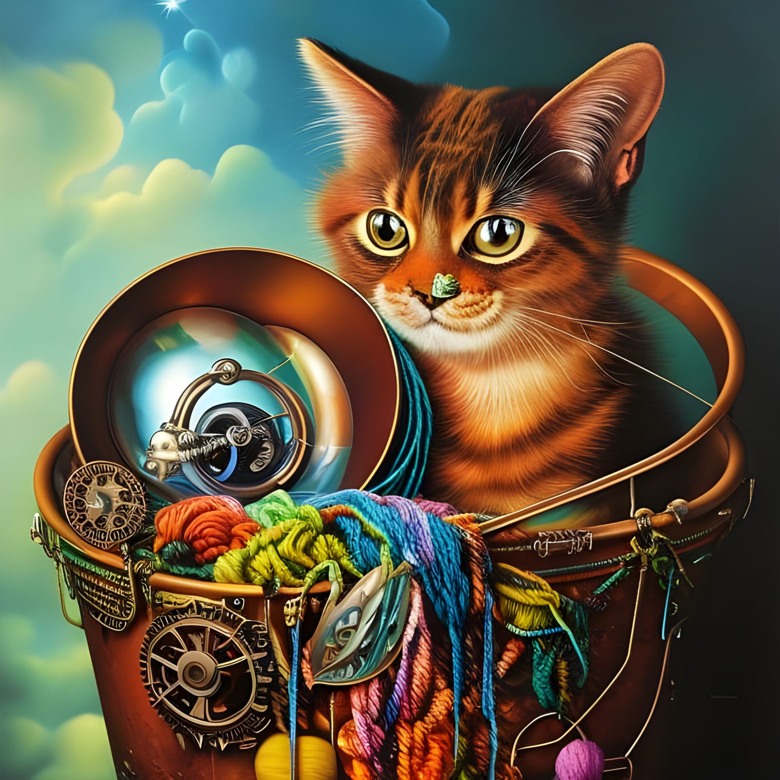 Steampunk Cat in Yarn Bucket: Surreal Digital Art