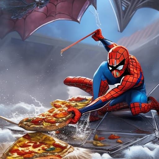 Hyperrealistic Spiderman Enjoys Pizza in Splash Art Style