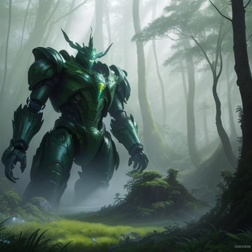 Green Eco-Titan Robot in High-Fantasy Landscape
