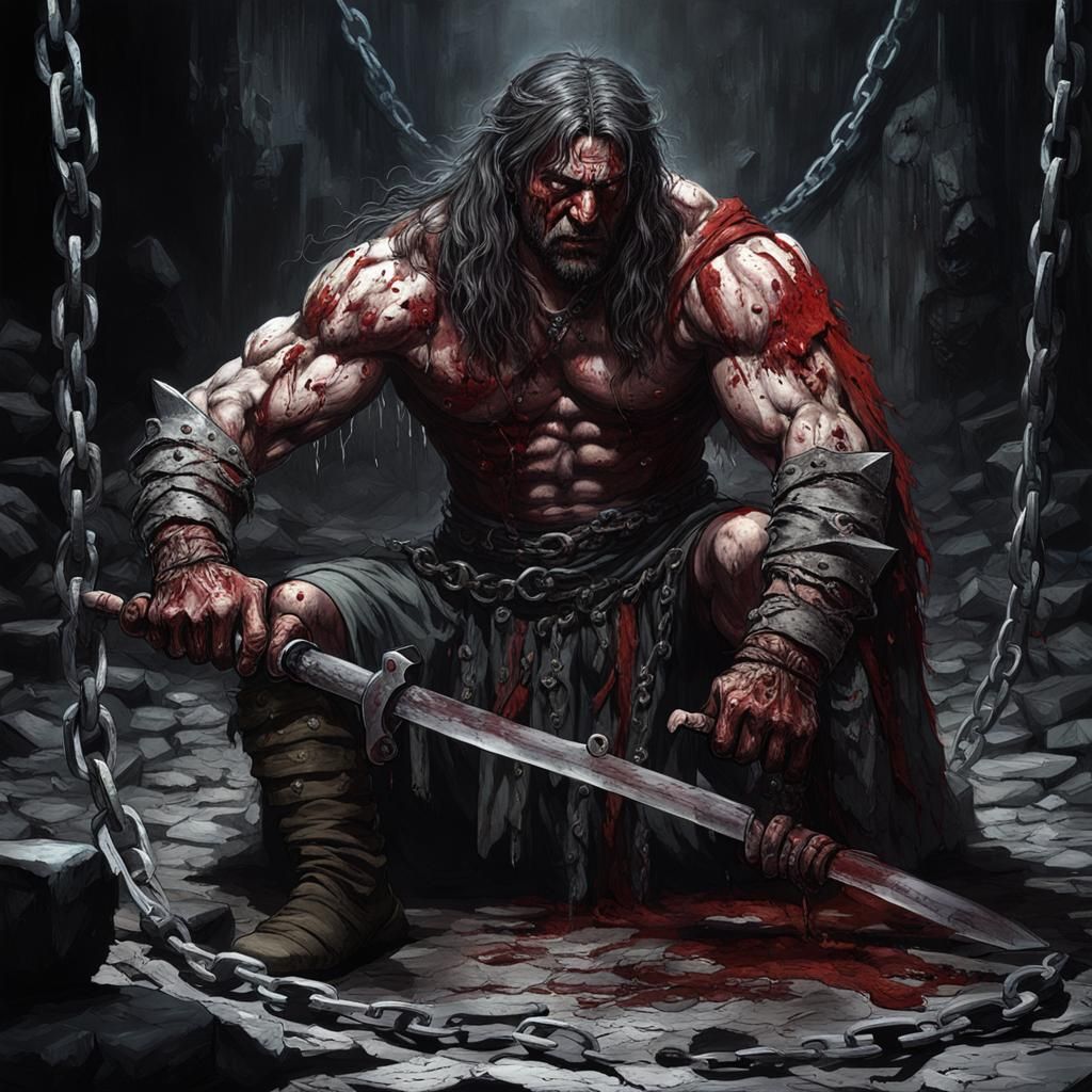 Wounded Barbarian in Dungeon: Hyperrealistic Horror