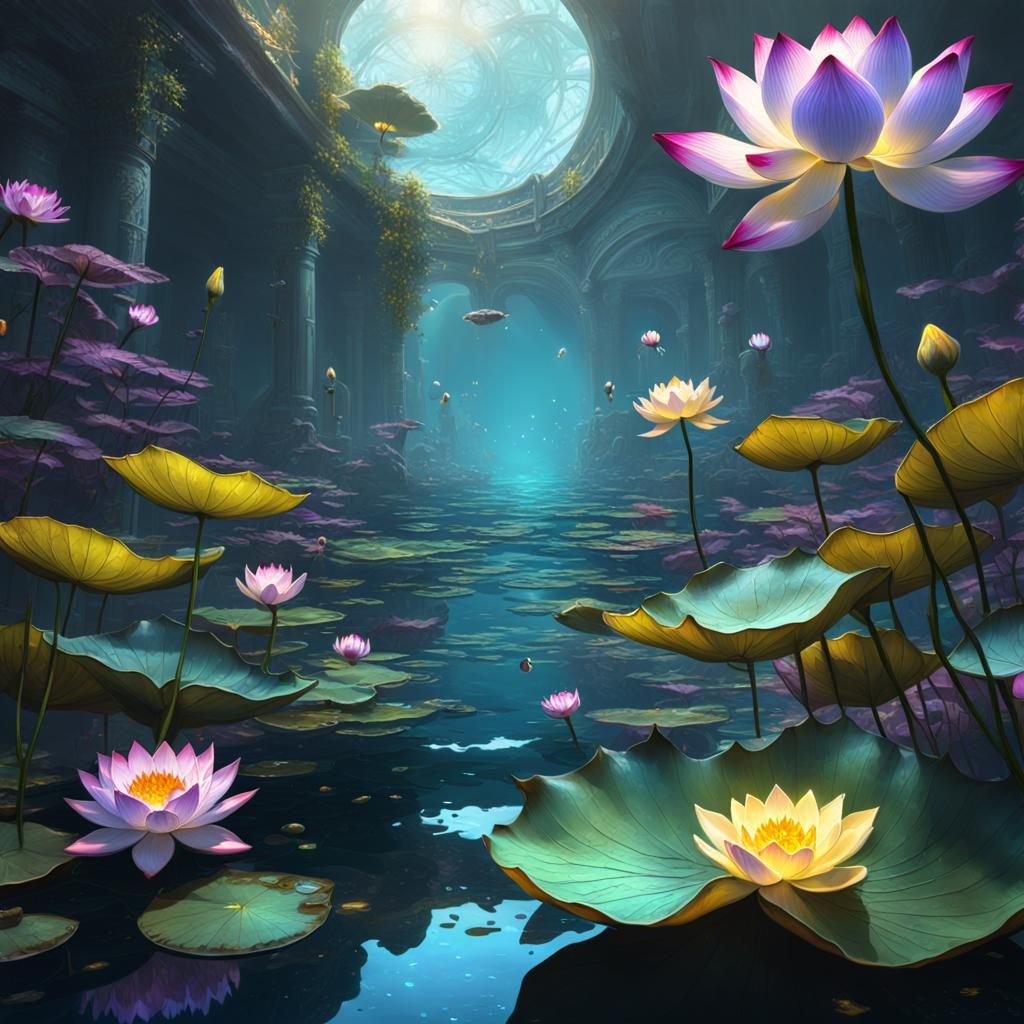 Koi Fish and Lotus Flowers in Dark Fantasy Style