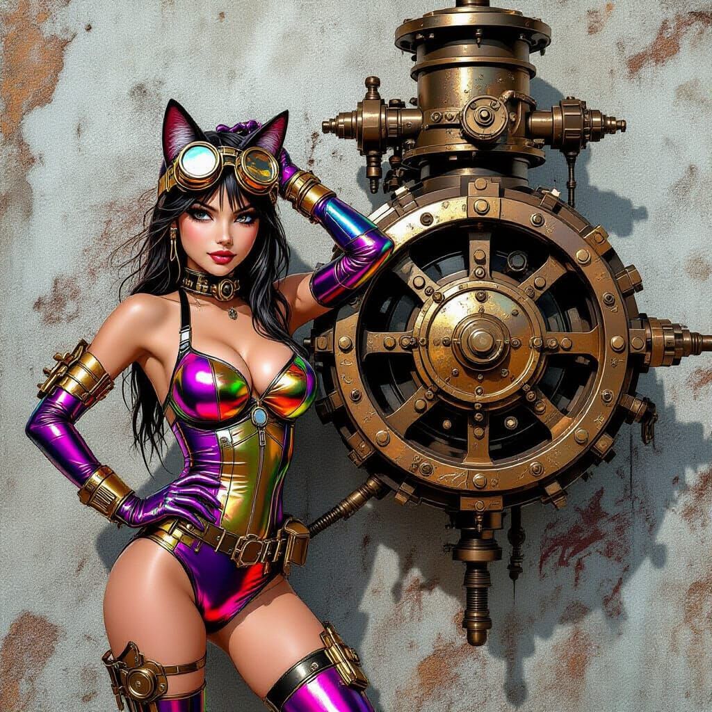 Steampunk Cat-Girl Posing by Engine in Graffiti Style