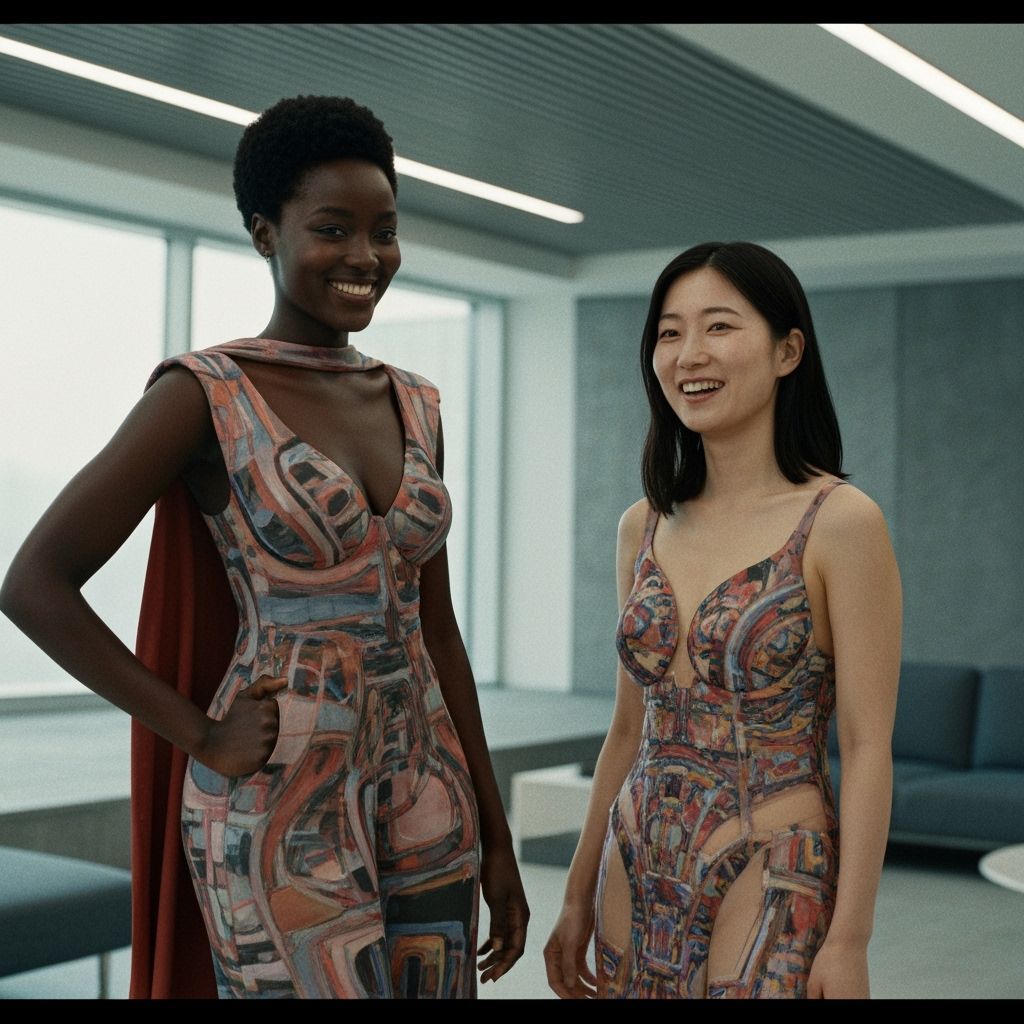 Smiling Women in Abstract Clothing: Cinematic Film Still