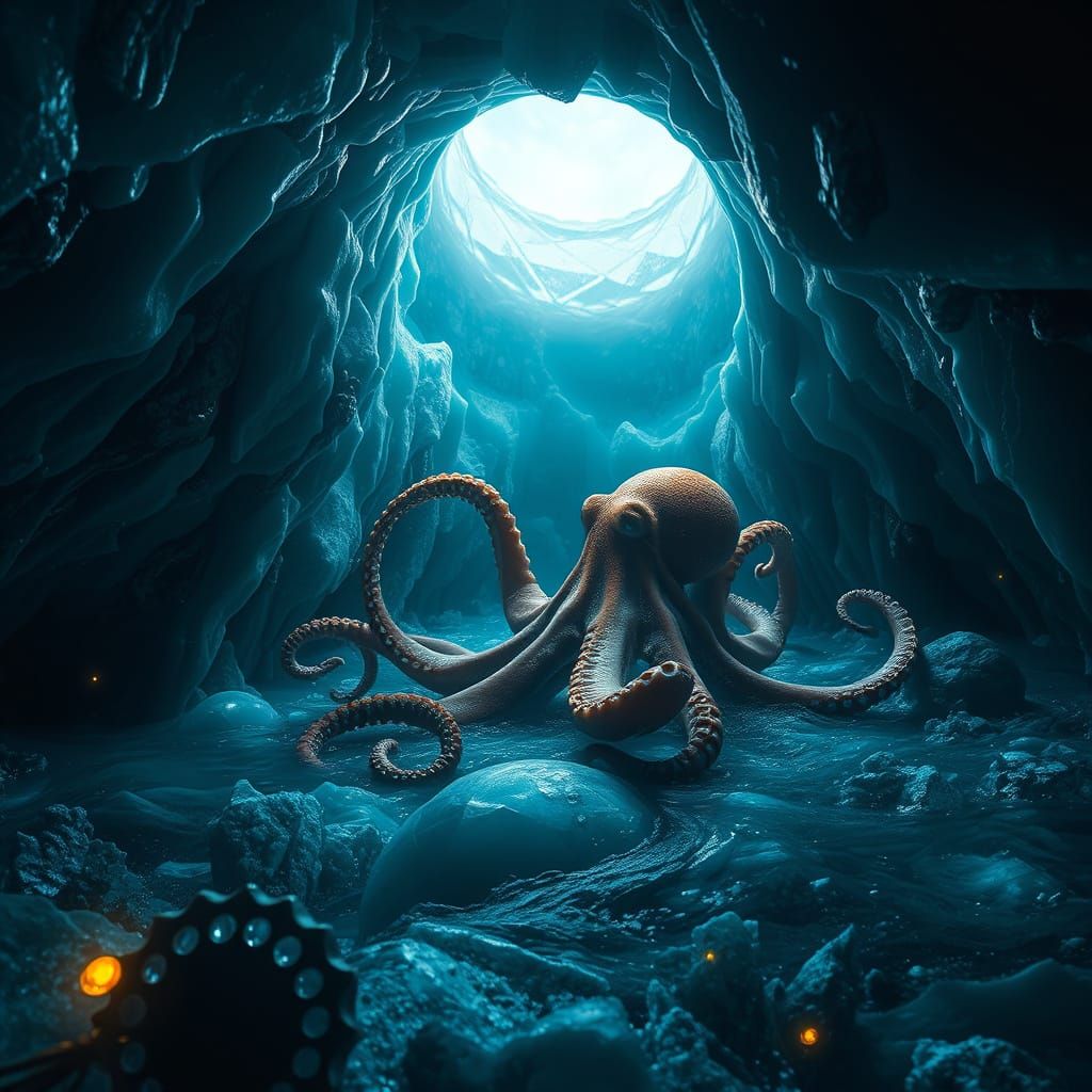 Octopus inspecting hole in the ice created by hot water