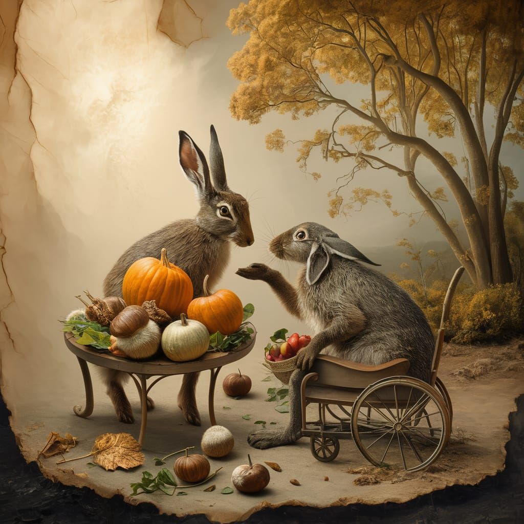 Hare Blessing in Autumn Forest: Classical Style