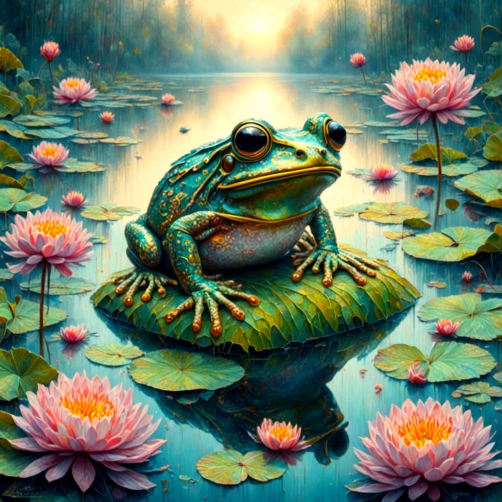 Frog on Lily Pad at Dusk in Art Deco Style