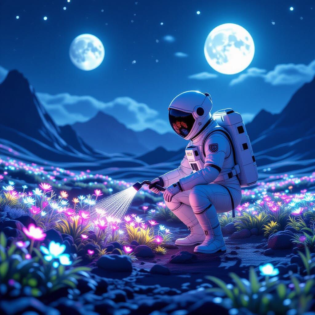 Astronaut Tends Bioluminescent Alien Garden Under Twin Moons