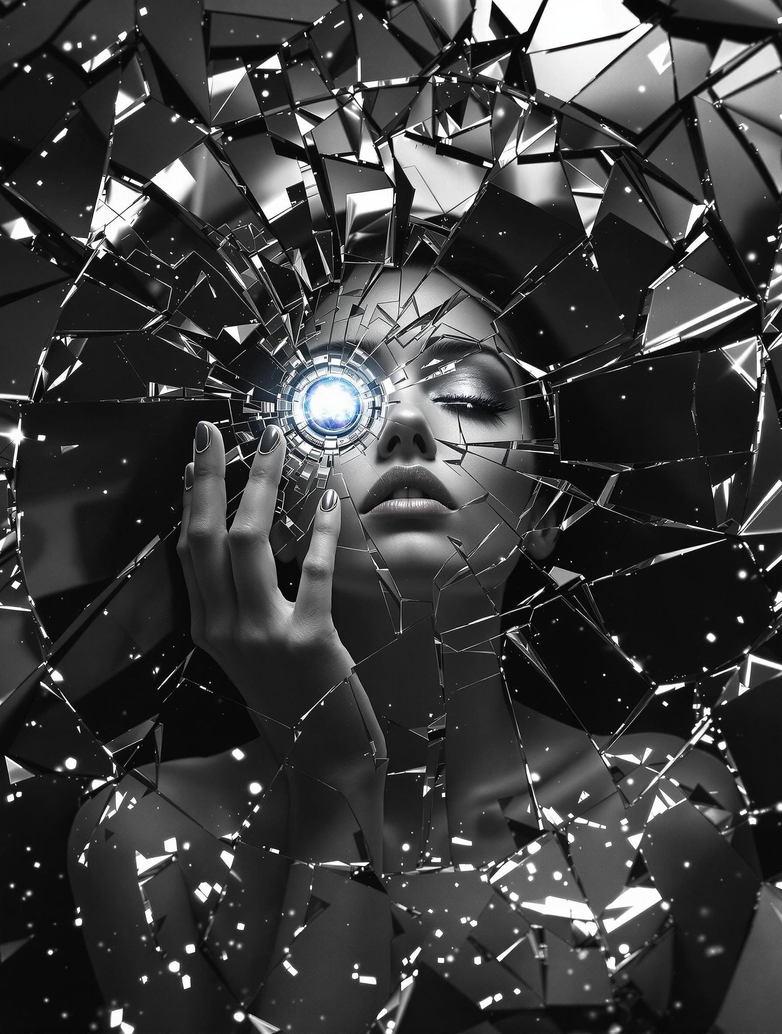 Surreal Monochrome Goddess Transcends Shattered Identity