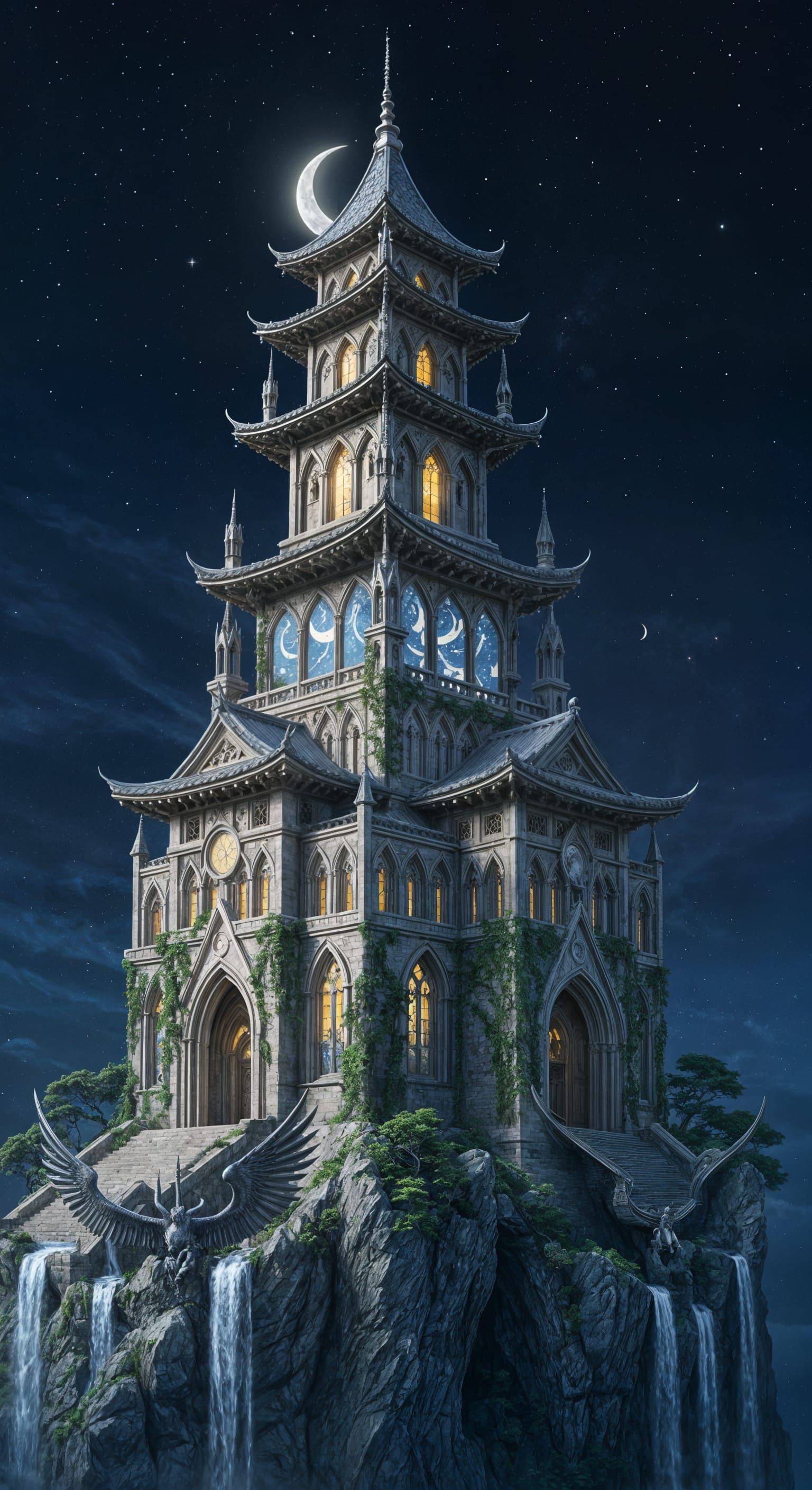 Hybrid Pagoda on Cliffside Under Starry Night Sky