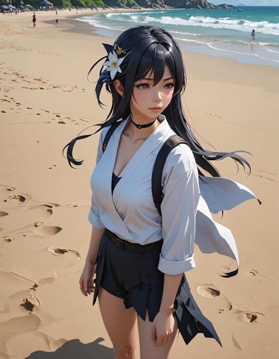 Akeno Himejima at the Beach: 3D Anime Art