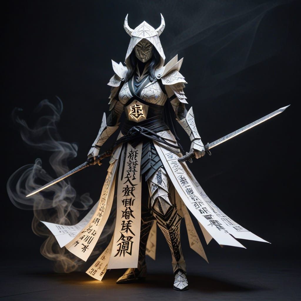 Ferocious Medieval Sorceress in Origami Samurai Armor