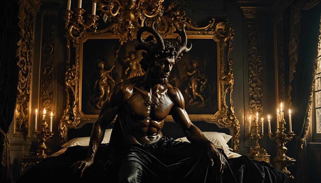 Resin Faun in Ornate Bedroom, Baroque Digital Painting