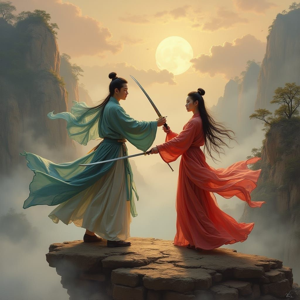 Heroic Gongfu Couple in Classical Oil Painting Style