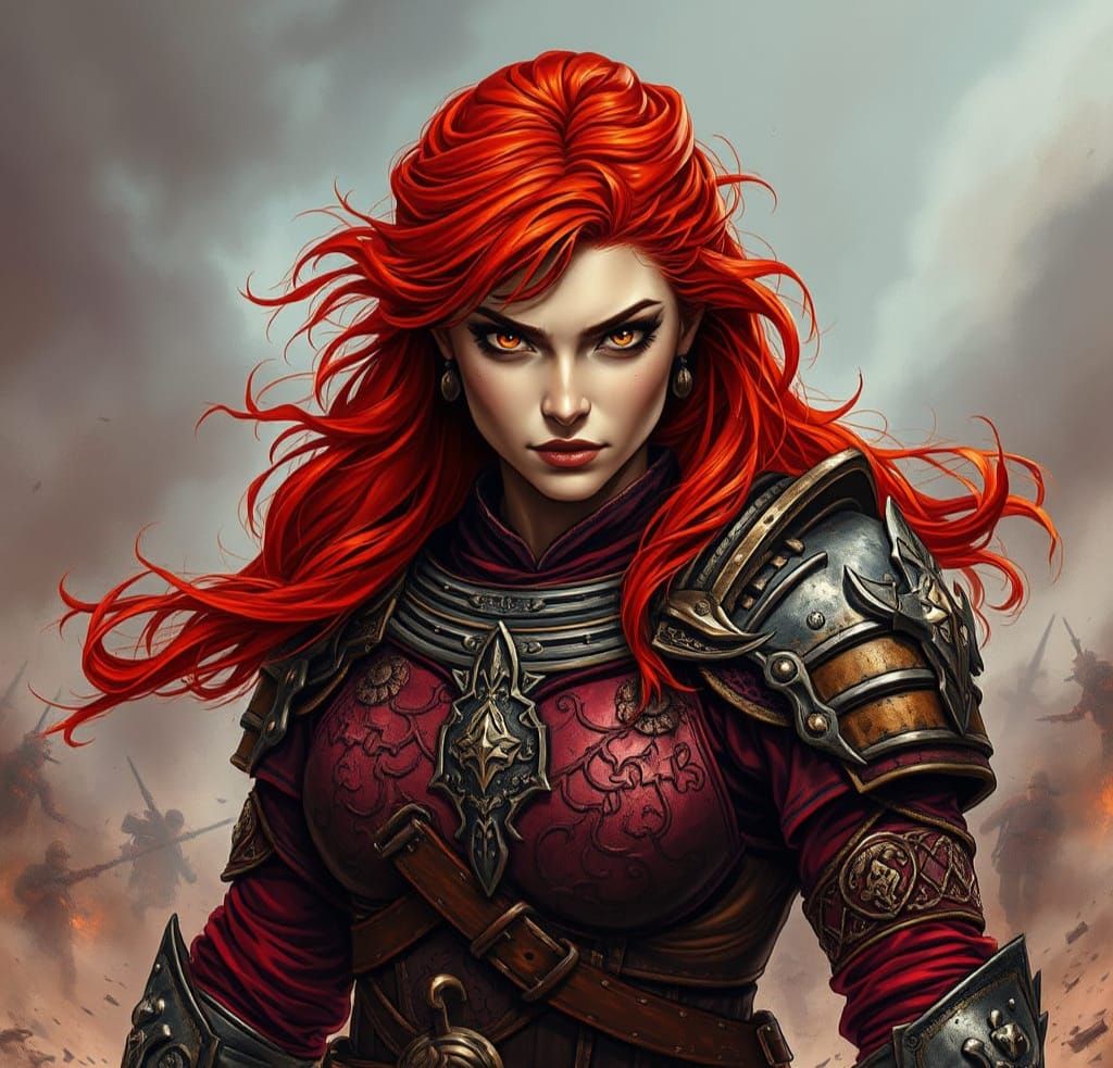 Red-Haired Warrior Woman on Battlefield in Comic Book Style