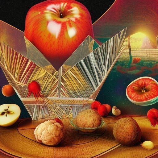 Surreal Cosmic Illustration: Garlic, Apples and Gomorrah