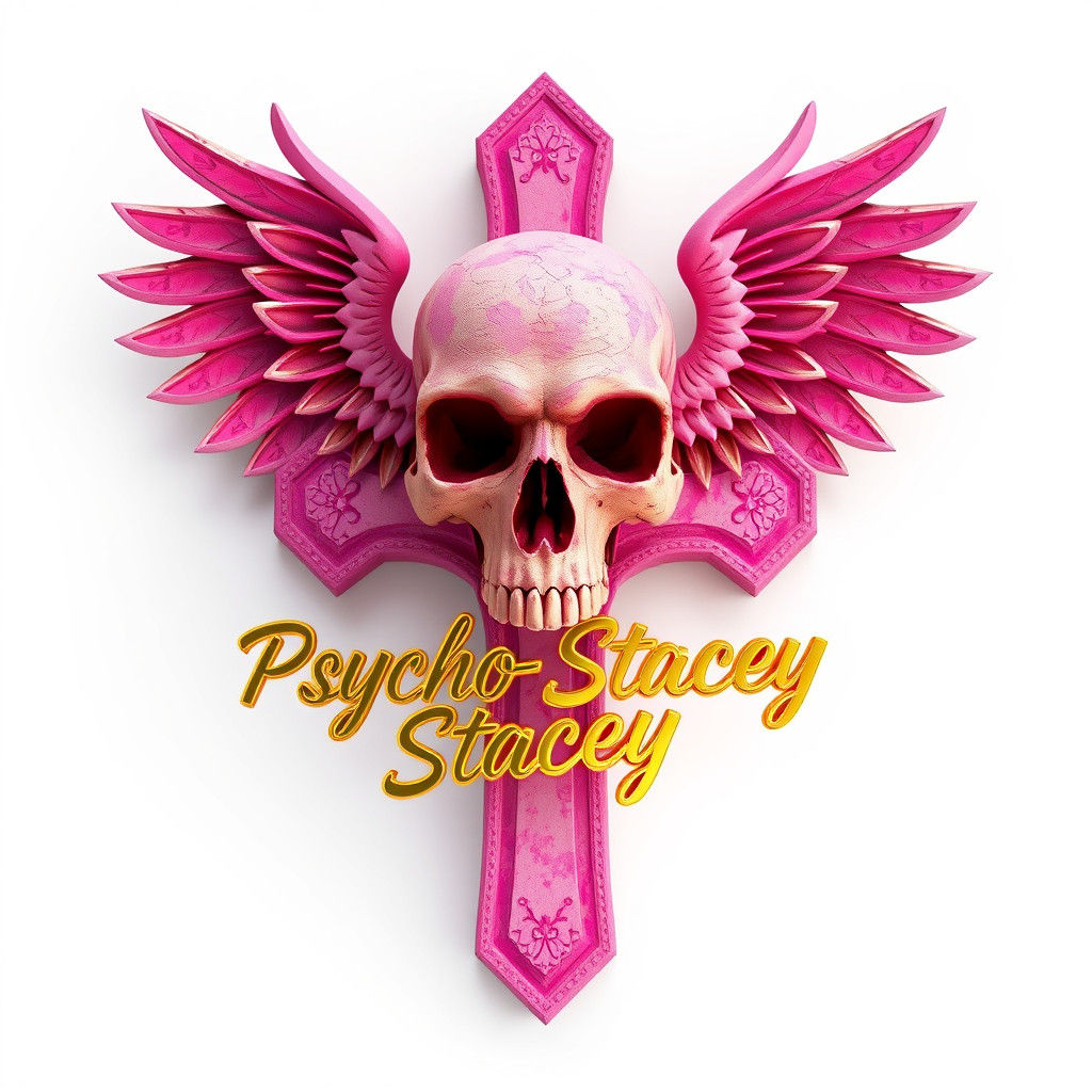 Pink and Gold Winged Skull Cross in Anime Style