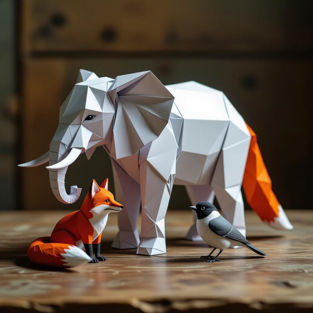 Paper Animals on Wood in Hyper-Realistic Style