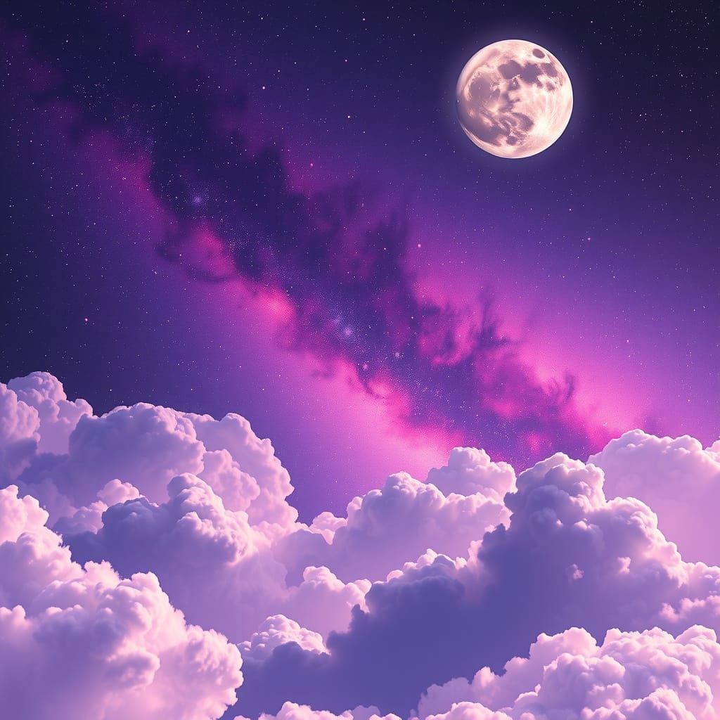 Dreamlike Purple Galaxy with Luminous Moon and Stars