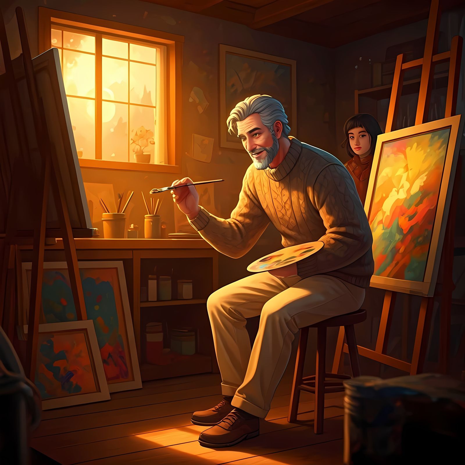 Anime Style Artist Painting with Young Observer