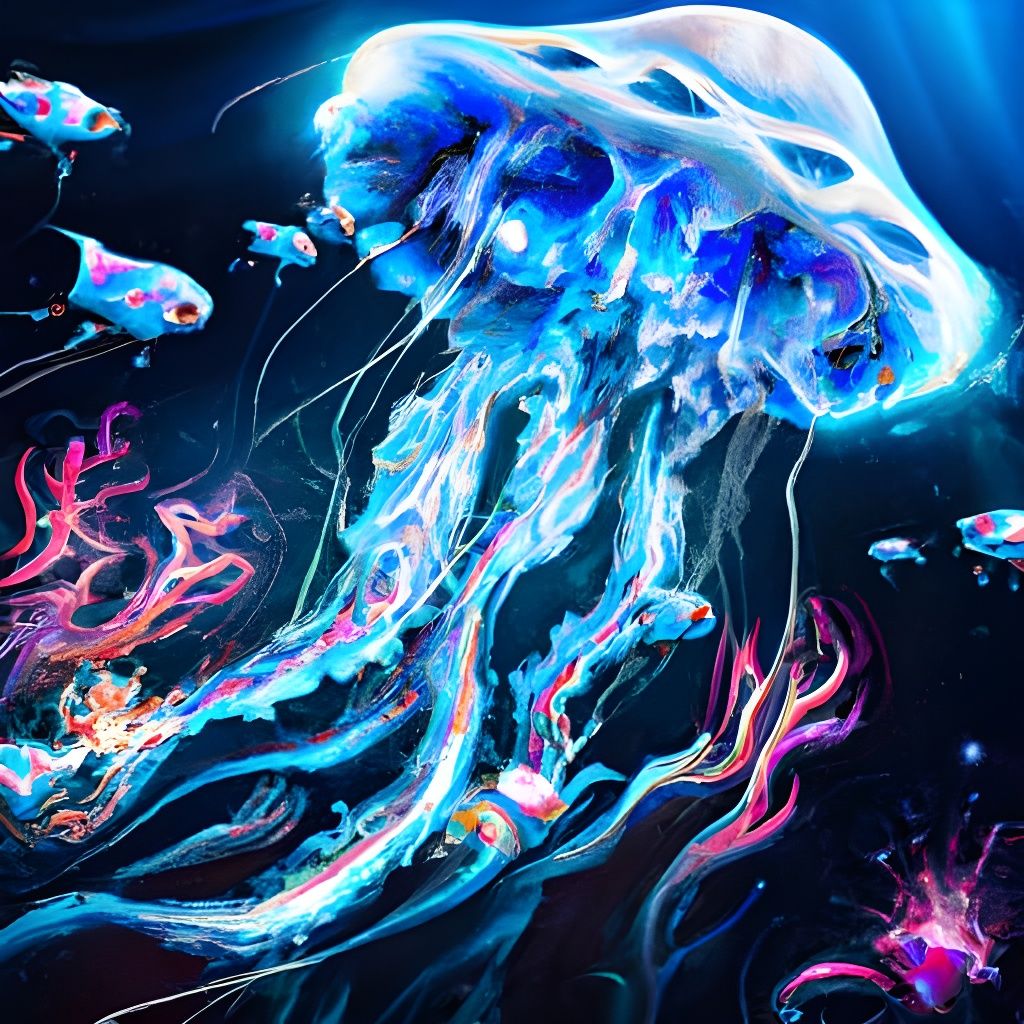 Neon Jellyfish in Deep Ocean, Hyperrealistic Digital Art