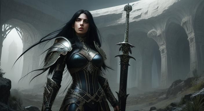 Dystopian Female Warrior in Surrealist Neon Landscape