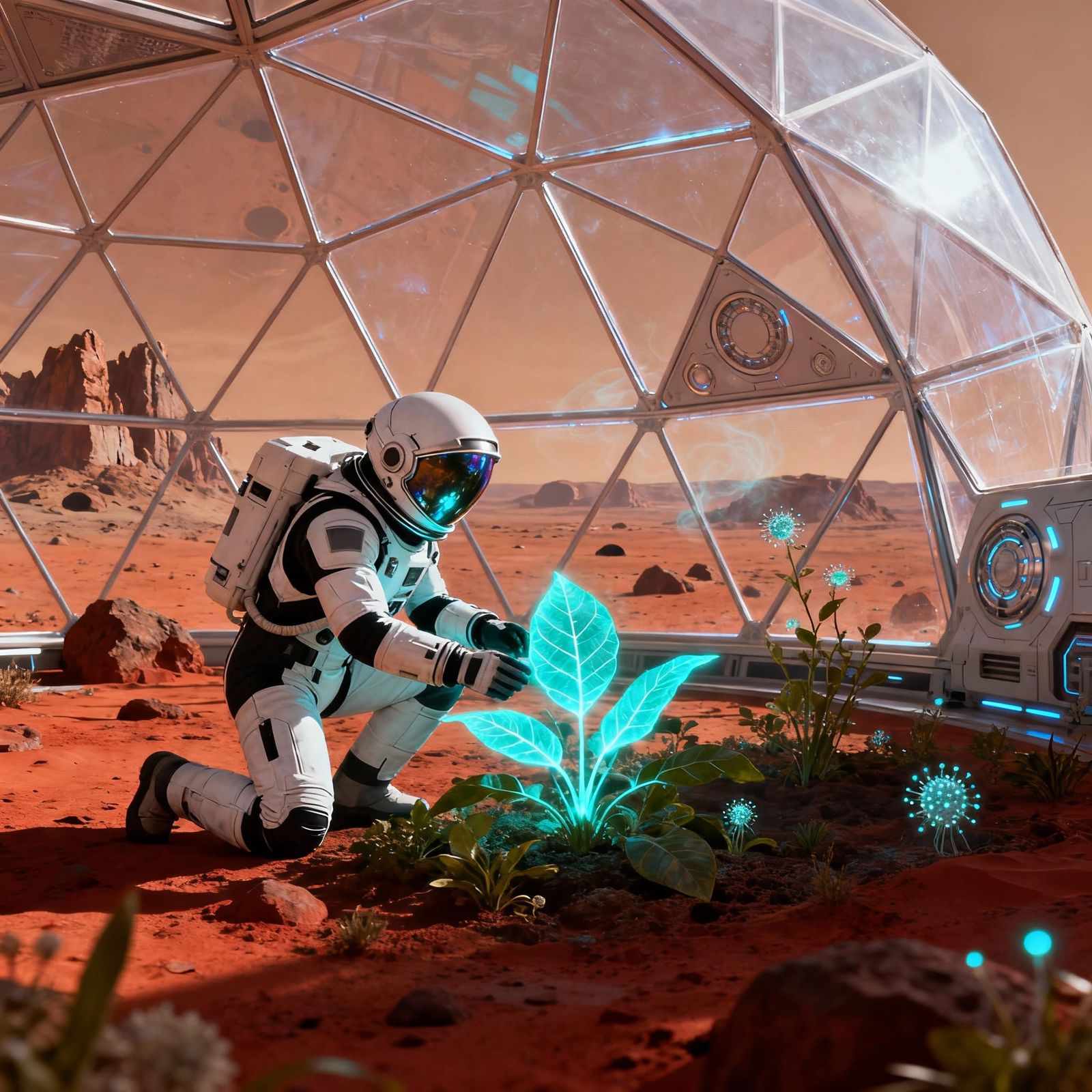 Astronaut Tends Glowing Garden in Mars Dome