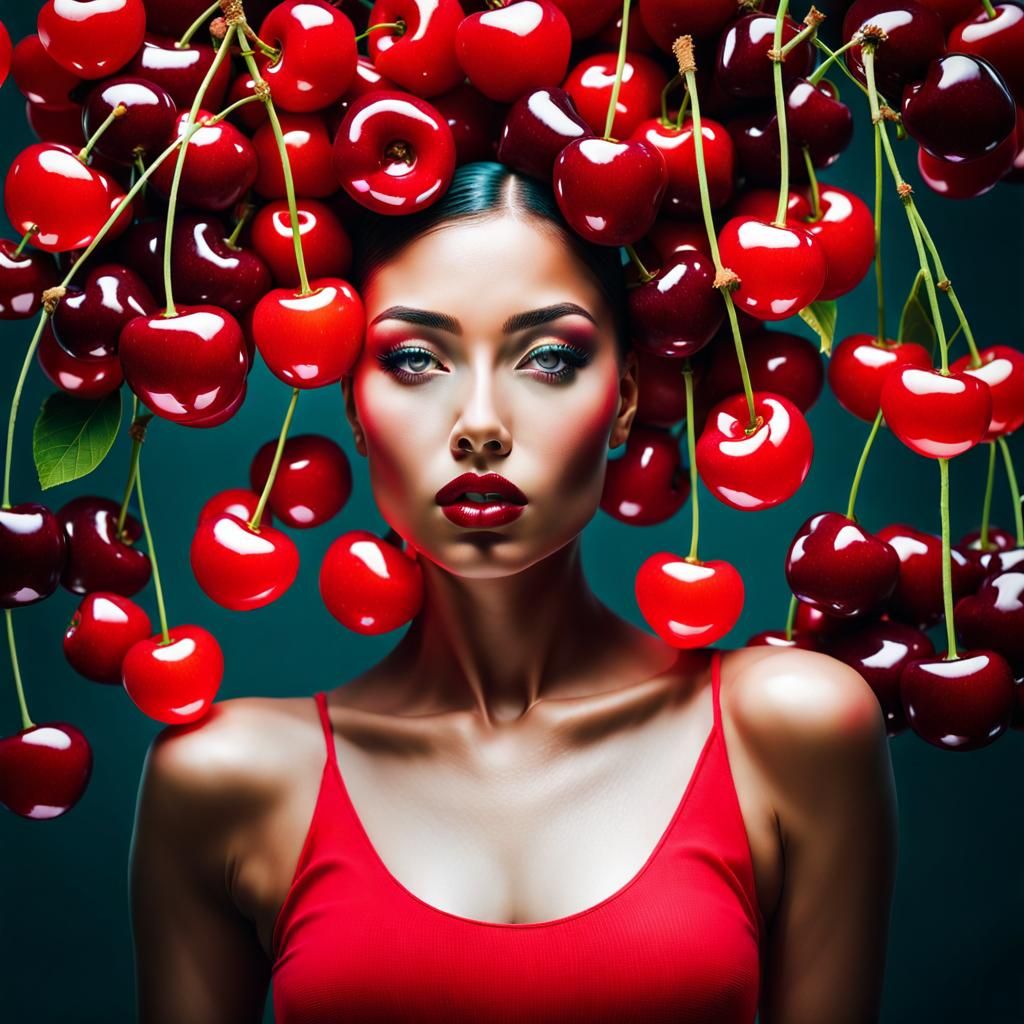 Cherries in Woman's Body: Double Exposure Art