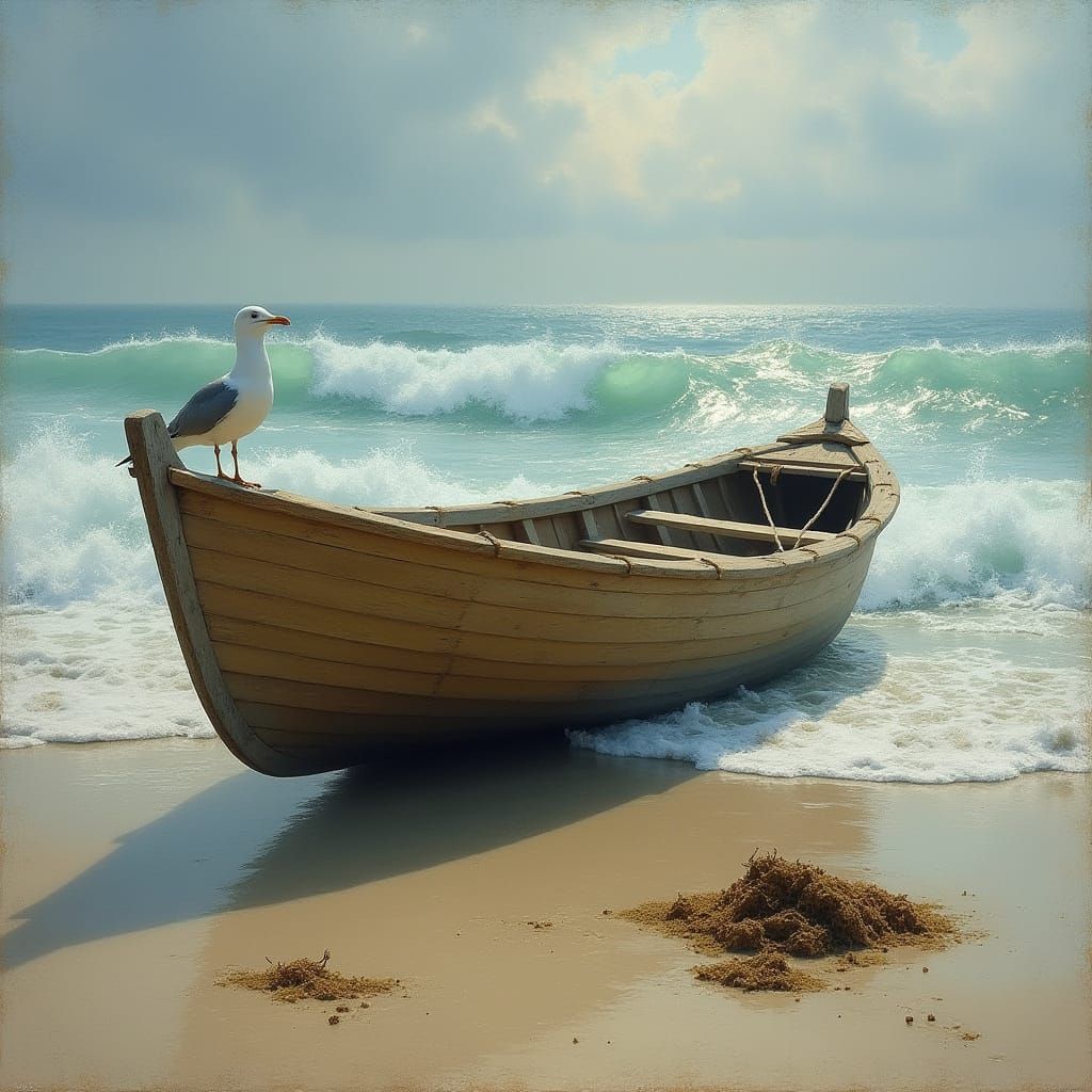 Hyperrealistic Rowboat on Beach as Digital Art