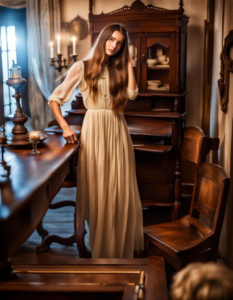 Beautiful Girl with Long Hair and Old Furniture