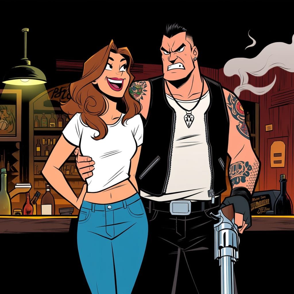 Angry Biker Couple in Smoky Tavern Comic Art