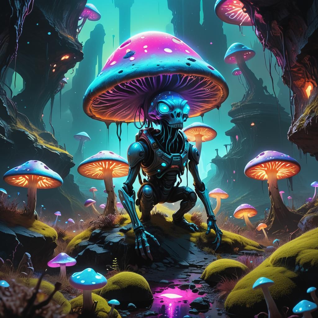 Bioluminescent Alien in Subterranean Tundra: Sci-Fi Art