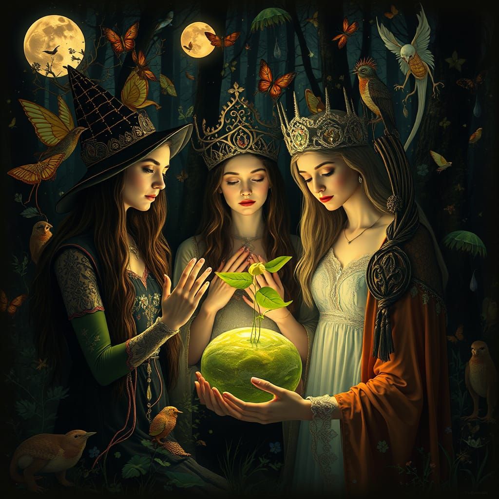 Surreal Moonlit Gathering of Witches and Spirits in Folklore...