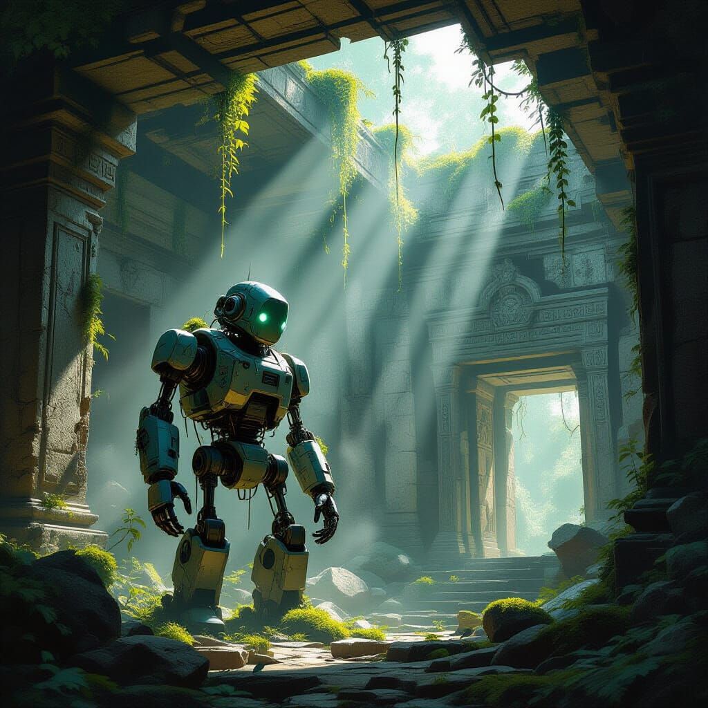 Moss-Covered Robot in Ancient Temple Ruins