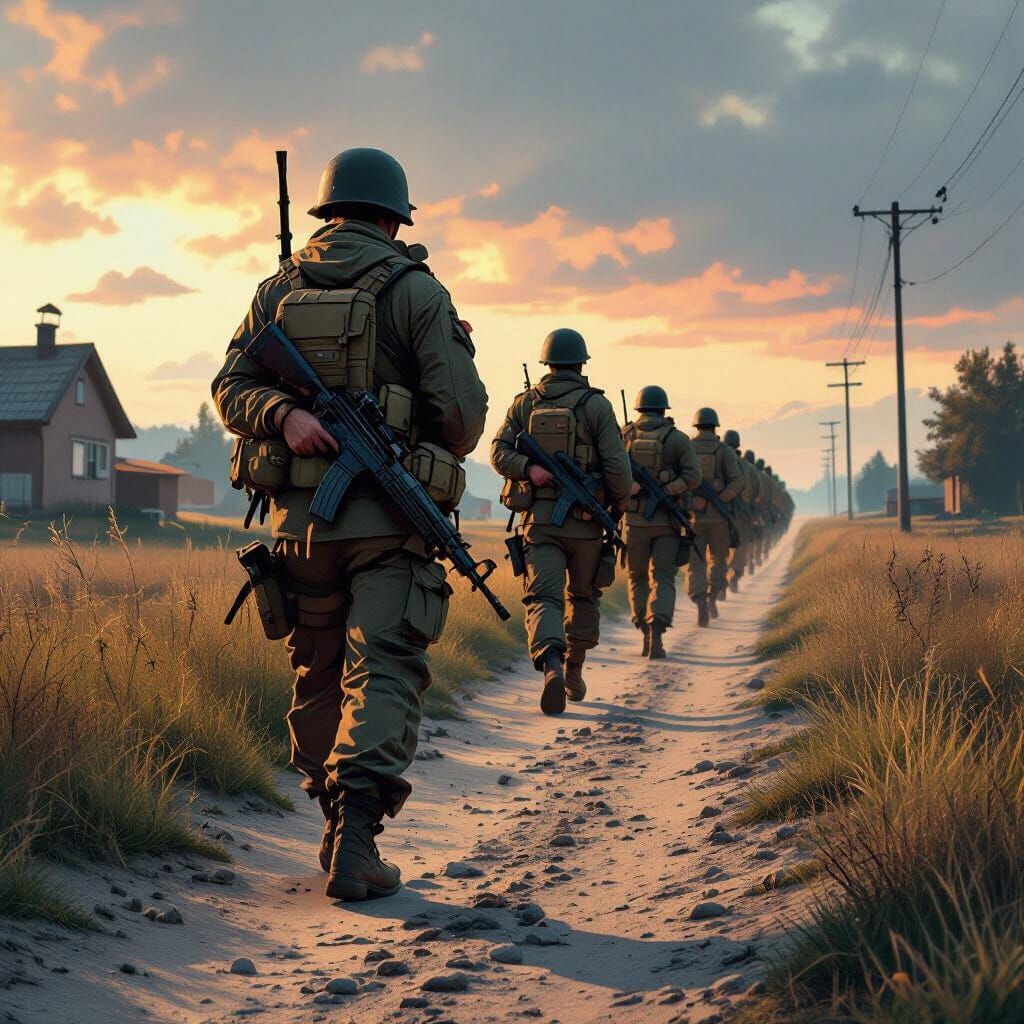 Hyperrealistic Soldiers on Narrow Path with Dramatic Lightin...