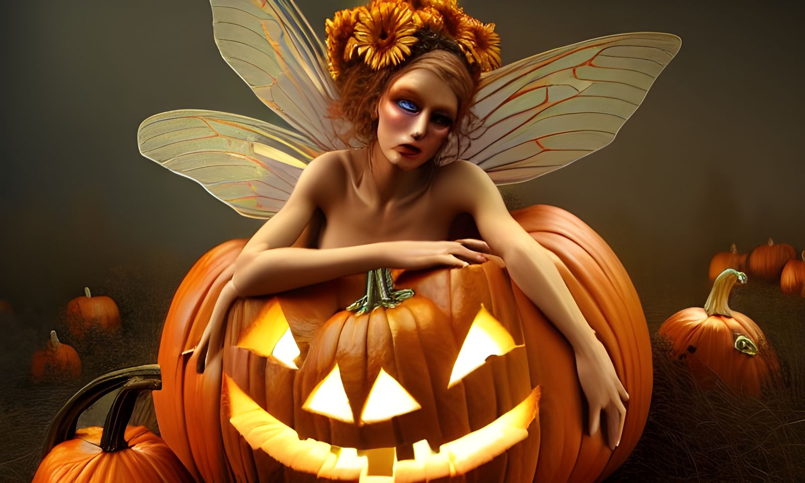 Fairy on Pumpkin Pile in Photorealistic Style