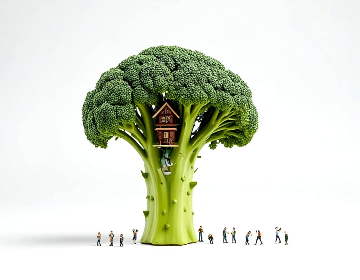 Whimsical Broccoli Treehouse Scene in Pastel Colors