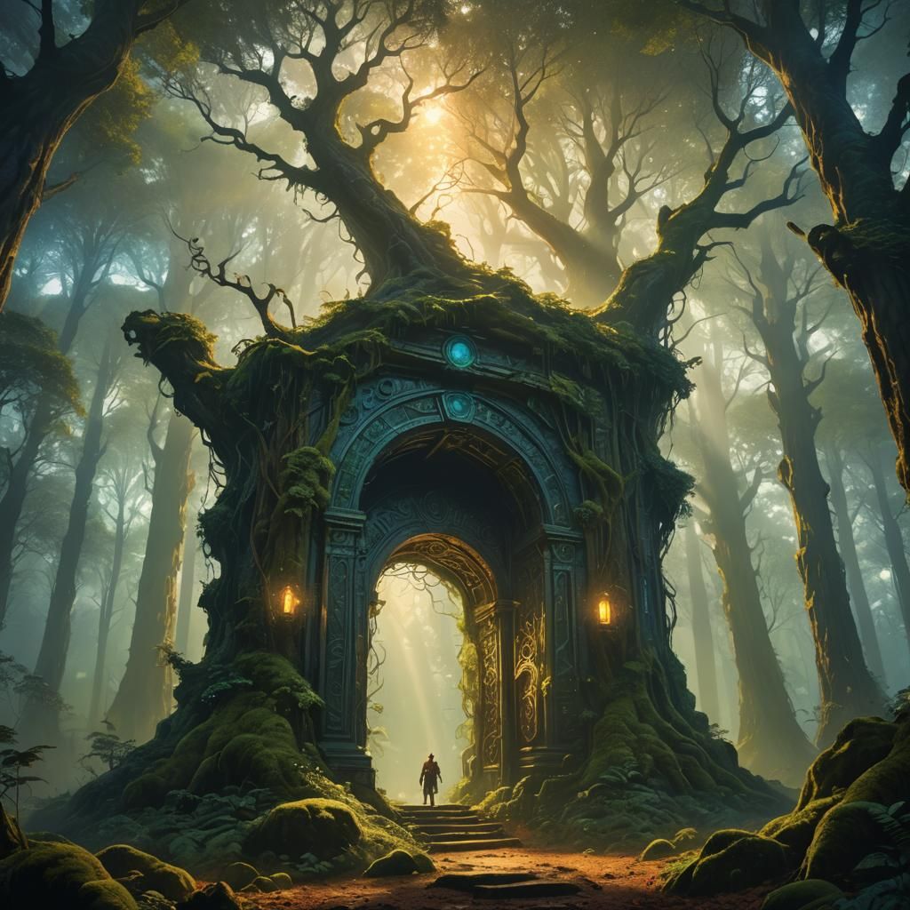 Glowing Portal in a Misty Forest: Fantasy Landscape