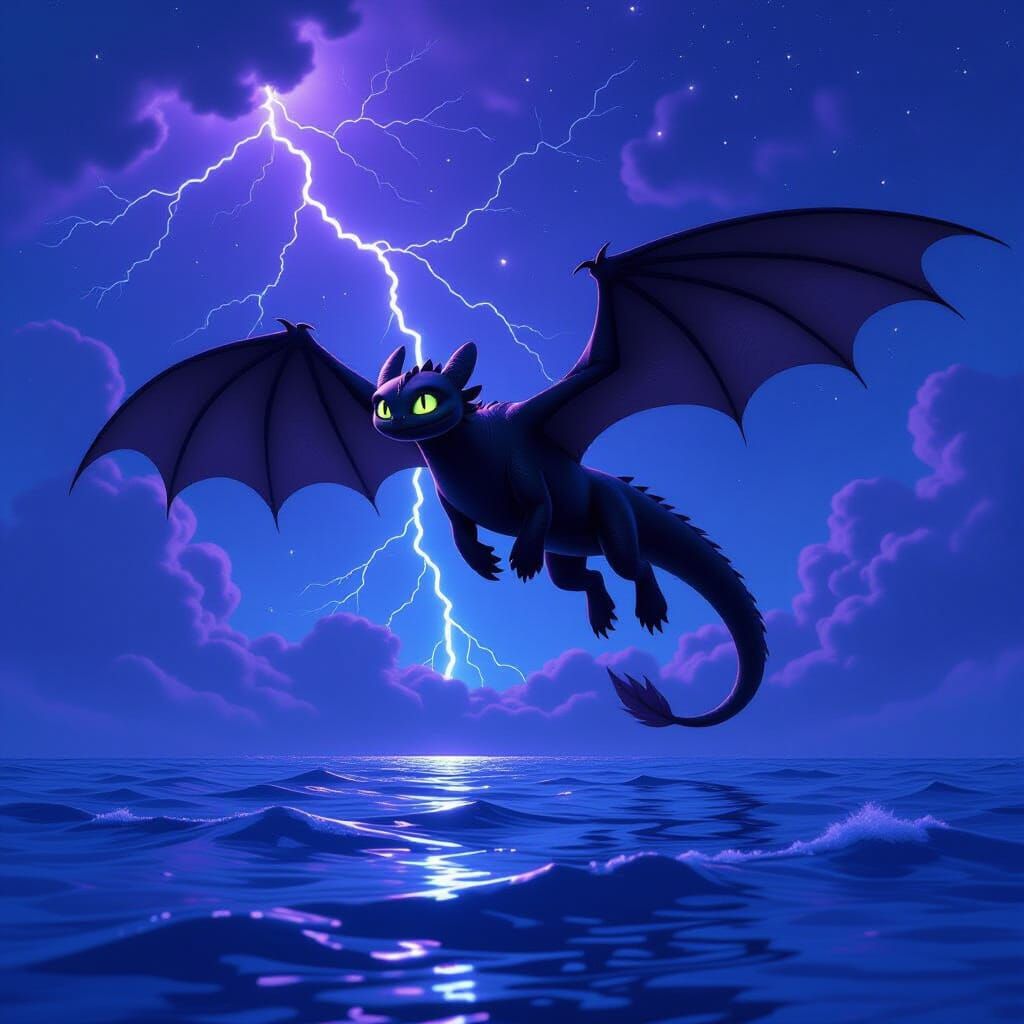 Toothless Dragon Soars Through Starry Night Sky with Lightni...