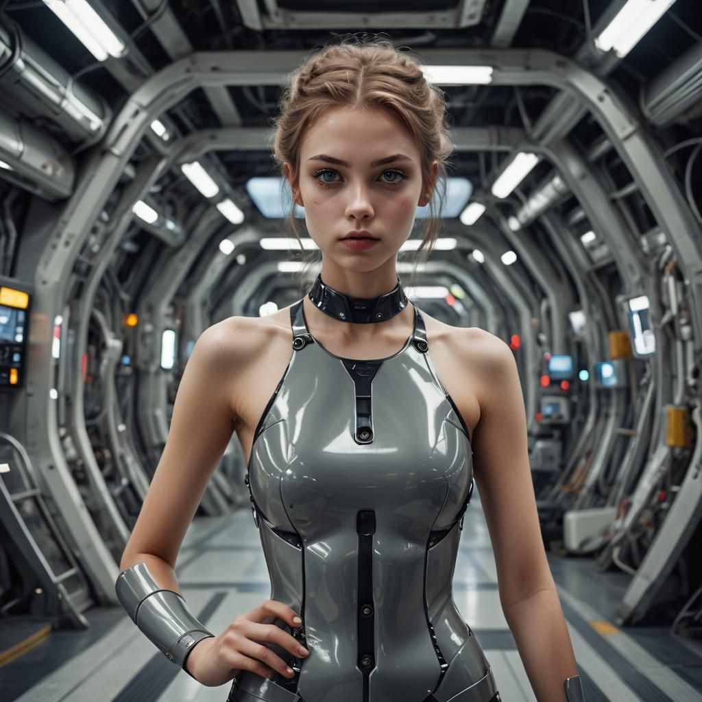 Futuristic Beauty with Electric Eyes in Sci-Fi Station