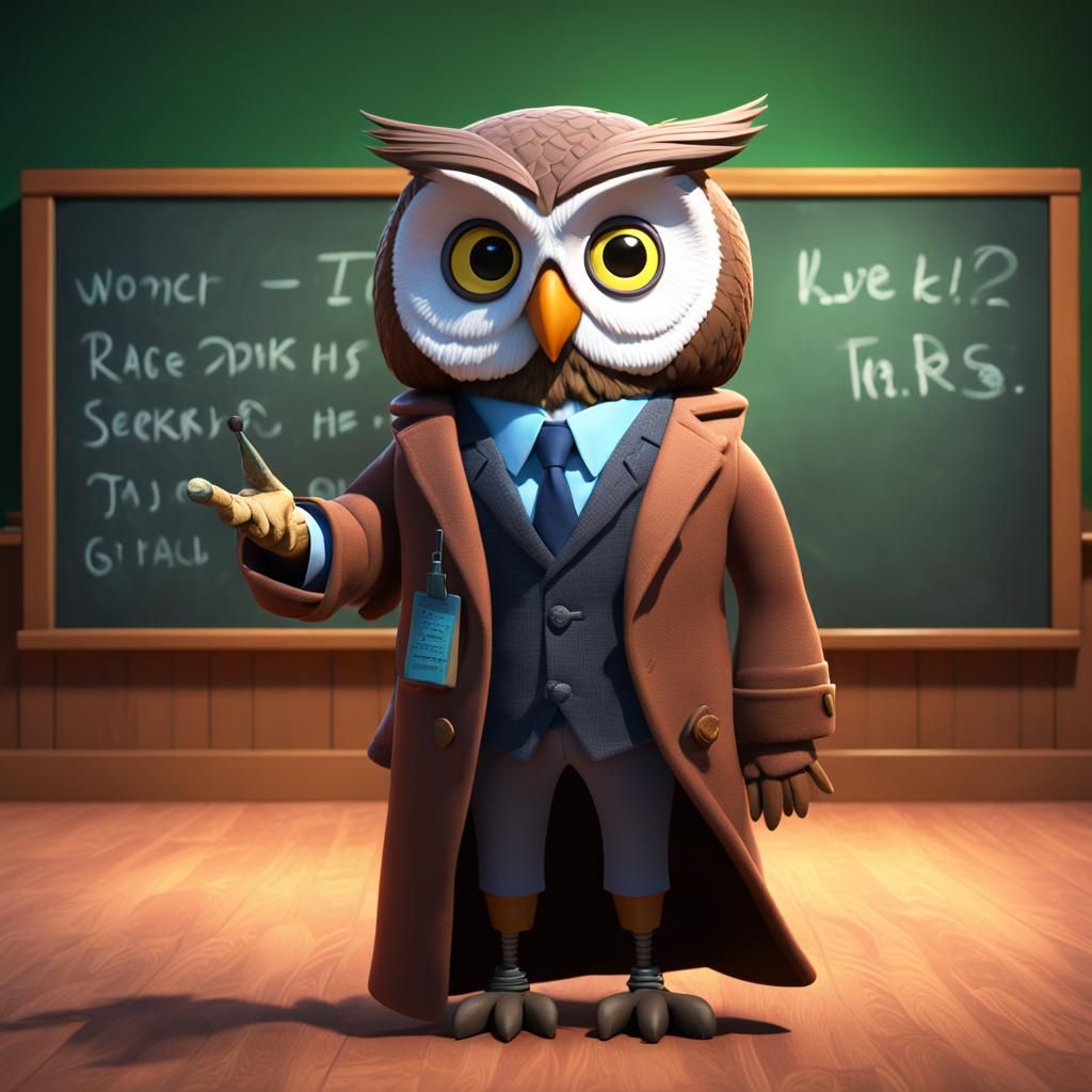 Owl Teacher Points at Blackboard in 3D Render