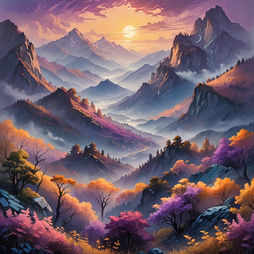 Serene Mountain Range at Dawn in Oil Painting Style