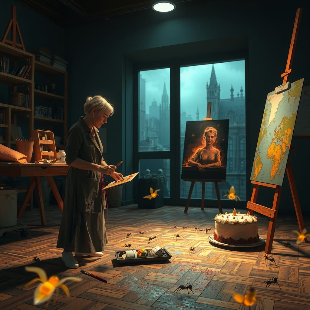 Extremely detailed film still of an artist painting a scene with ants and a cAKE on the floor that comes to life. Show p...