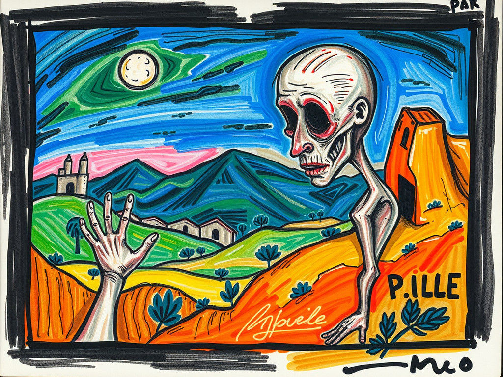 Expressive Landscape as Child's Sketch with Bold Brushstroke...